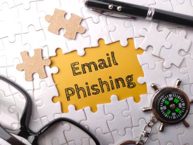 Üst görünüm gözlükleri, pusula ve kalem beyaz yapboz arka planında metin e- posta Phishing.