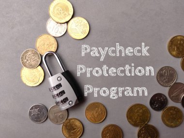 Gri arkaplandaki üst görünüm asma kilit ve yazı ödeme koruma programıyla paralar.