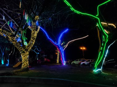Lumum, Perak, 27 Aralık 2024: Renkli ışıklarla süslenmiş ağaçlar.