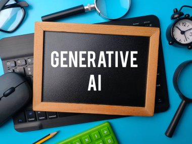 Mavi arka planda GENERATIVE AI sözcüğüyle siyah klavye ve ahşap tahta.