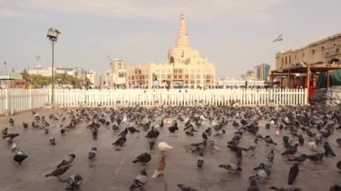 Doha, Katar - 27 Nisan 2023: Doha Fanar Camii. Güvercinler, Souq Waqif Meydanı 'nın caminin önündeki belirli bir bölgede toplanmaya alışkınlar.