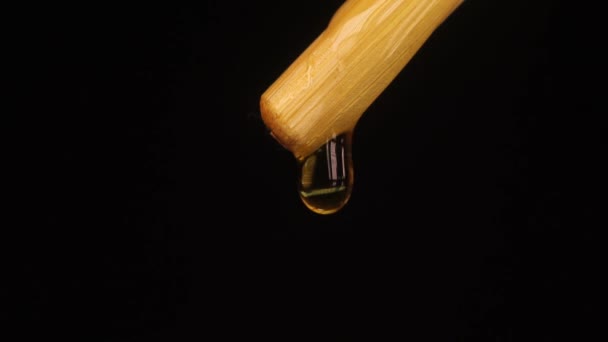 粗油或蜂蜜的巨芽落在黑色的背景上 一滴滴金油或蜂蜜从一根木棍上流下来 健康的有机液体 健康食品概念 — 图库视频影像