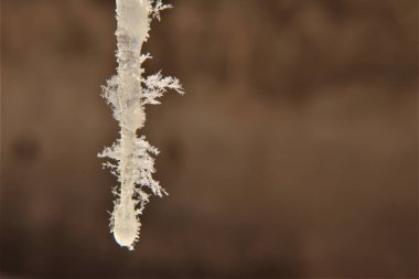 Kışın güzel sivri uçlu buz kristalleri. Erzurum, Türkiye 'de yaygın görüş. Soğuk hava -50 C kristalleri donma arka planında oluşur. Buz çiçekleri, don, kar, donma