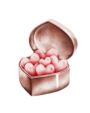 Kalp şeklinde çikolata kalp şekerleriyle dolu bir hediye kutusunun suluboya çizimi. Yumuşak ve romantik bir tasarım, Sevgililer Günü için mükemmel, düğün davetiyeleri, yıldönümü kartları, ve şenlikli tasarımlar