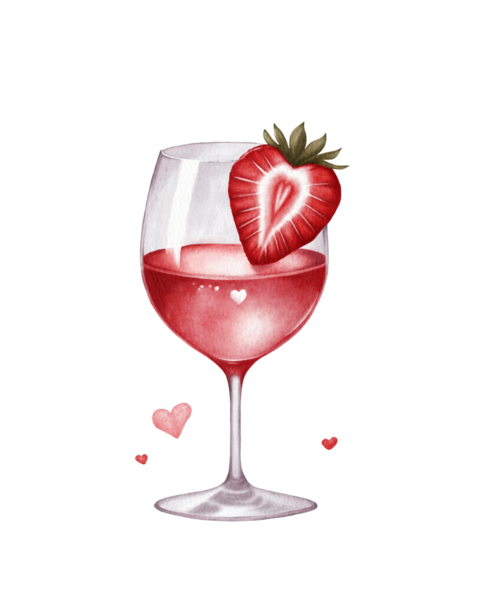 Taze çilek ve kalp şeklinde detaylarla süslenmiş bir şarap kadehinin suluboya çizimi. Sevgililer Günü için, düğün davetiyeleri, aşk temalı tasarımlar, restoran markalaşması ve kokteyl çizimleri.