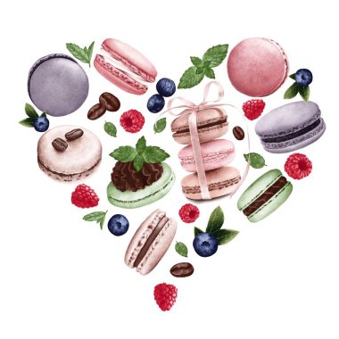   Hassas Fransız badem kurabiyelerinin yer aldığı suluboya resimler kalp şeklinde dizilmiştir. Sevgililer günü kartları, düğün davetiyeleri, yemek blogları ve tatlı paketlerine uygundur..