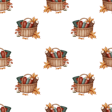 Sonbahar sepetleri kitaplar, yapraklar ve mantarlarla dolu suluboya desenleri. Tekstil, ambalaj, hatıra defteri, duvar kağıtları, tebrik kartları ve diğer sonbahar temalı tasarımlar için mükemmel..