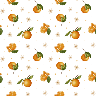 Çiçekli turuncu desenli kusursuz. El yapımı suluboya portakallar, narenciye dilimleri ve çiçekler. Kumaş, ambalaj kağıdı, mutfak dekorasyonu ve dijital ürünler için taze ve neşeli yaz tasarımı