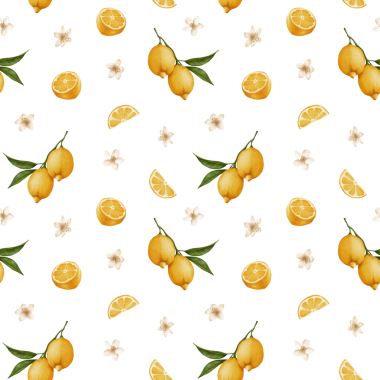 Çiçekli kusursuz limon deseni. El yapımı suluboya limonlar, dilimler ve narenciye çiçekleri. Kumaş, ambalaj kağıdı, mutfak dekorasyonu ve dijital ürünler için taze ve neşeli yaz tasarımı.