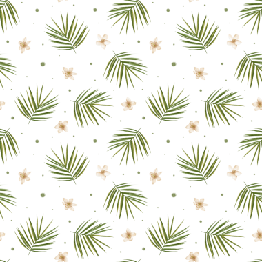Suluboya palmiye yaprakları ve beyaz çiçeklerle kusursuz tropik desen. Taze botanik tasarımı yaz kumaşları, duvar kağıtları ve tropik ürünler için mükemmeldir..