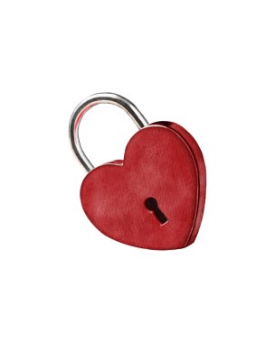 A watercolor illustration of a red heart-shaped padlock with a silver shackle