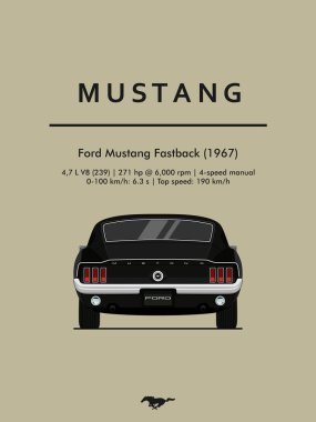 1967 model Ford Mustang Fastback 'in ikonik arka farlarını vurgulamak için arkadan gösterilen detaylı bir vektör çizimi. Araba sanatı severler, eski araba koleksiyonları ve poster tasarımları için mükemmel..