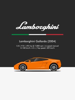 2004 Lamborghini Gallardo 'nun parlak turuncu renkli, yan profil görünümlü ayrıntılı vektör çizimi. Posterler, otomotiv resimleri veya editoryal kullanım için ideal.