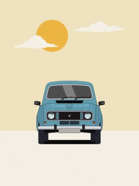 Renault 4 'ün dijital bir sanat eseri, cepheden minimalist ve retro tarzda çekilmiş. Yumuşak bej arka plan, biçimlendirilmiş güneş ve bulutlar nostaljik atmosferi geliştirir. Yazdırma veya dizayn kullanımı için ideal.