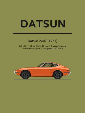 Datsun 240Z 'nin cesur minimalist vektörü, yandan turuncuya vuruyor. Eski araba hayranları, koleksiyoncular ya da klasik baskılar için harika bir seçim..