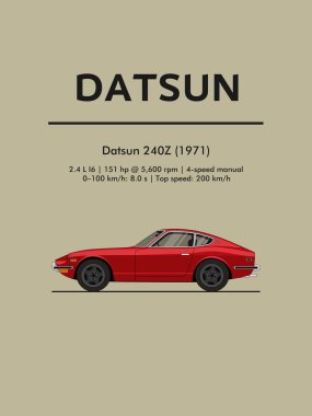Kırmızı bir Datsun 240Z 'nin minimalist yan profil çizimi. Bu klasik Japon spor arabası düz çizgiler ve modern estetik, posterler veya otomotiv sanatı için idealdir..