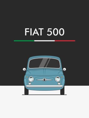 Klasik Fiat 500 'ün açık mavi renkli, iki tonluk temiz bir arkaplan ile gösterilmiş ön görünümü. Yazı işleri, duvar sanatı ve markalaşma için harika..