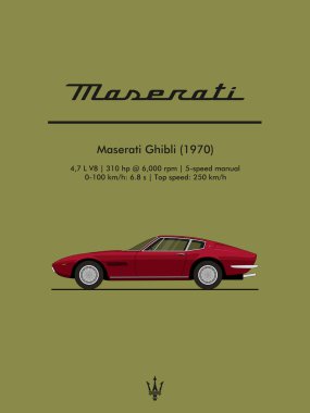 Kırmızı parlak bir Maserati Ghibli vektör stili ile yan tarafından resmedilmiş. Bir minimalist, zarif bir düzen, baskı, poster veya otomotiv koleksiyonu için ideal.