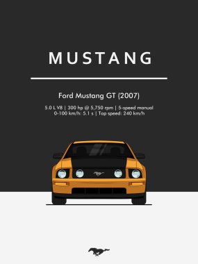 2007 model sarı ve siyah bir Ford Mustang GT 'nin dijital ön görünümü. Temiz stil ve iki tonluk arka planda kalın renklere sahip modern kaslı araba çizimleri.