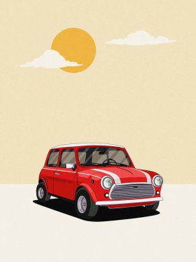 Beyaz yarış çizgileri olan klasik kırmızı Mini Cooper sıcak bej arka planda stilize güneş ve bulutlar, dijital illüstrasyon retro tarzı.
