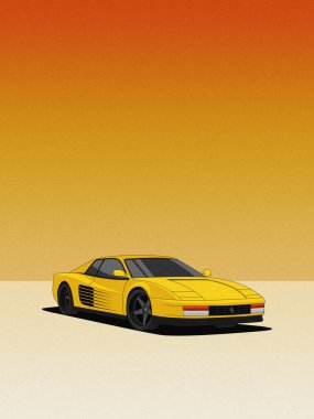 Sarı Ferrari Testarossa 'nın düz stil dijital bir çizimi, düz minimalist tarzda, düz zeminde, sıcak bir gradyan arkaplan üzerinde ön ve yan elementlerle görünür bir açıdan görülüyor..