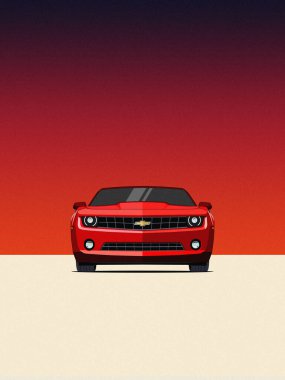 Kırmızı Chevrolet Camaro ön görüntüsünün düz çizimi, kalın günbatımı gradyan arkaplan ve ışık dokusu, baskı ve dijital kullanım için düz stil tasarımı.