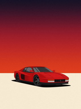 Kırmızı Ferrari Testarossa 'nın düz stil dijital bir tasviri, düz zeminde, düz minimalist tarzda, sıcak bir geçmişe dönük günbatımı gradyan arkaplan üzerinde görünür ön ve yan unsurları ile ön-açıdan görüntülenir..