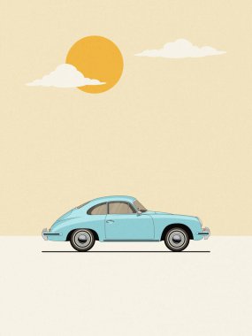 Açık mavi renkli Porsche 356 model bir arabanın düz stil vektörü, geriye dönük desenli arka plan, güneş ve bulutlar.