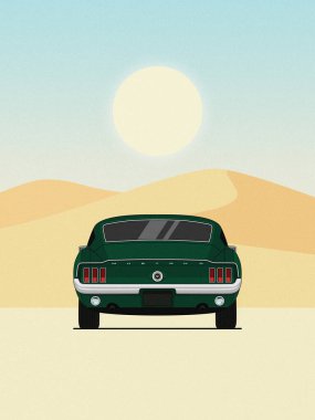 1967 model Ford Mustang 'in düz çizimi Highland Green' de, dikiz manzaralı, sıcak bir çöl manzarası ve parlak gökyüzü üzerine kurulmuş..