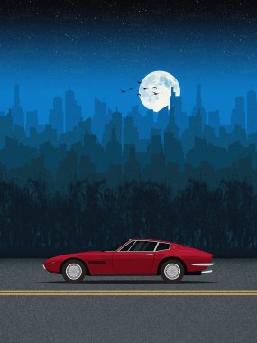 Kırmızı bir Maserati Ghibli şehrin silueti ve arka planında dolunay olan bir yola park etmiş. Dijital vintage-style retro gece araba çizimi.