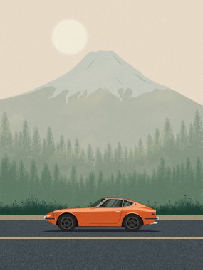 Portakallı Datsun 240Z 'nin klasik tasviri. Dağ ve arka planda gündoğumu. Desenli arka plan ve yumuşak tonlara sahip Retro posteri.