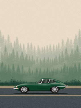 Orman geçmişi olan yeşil bir Jaguar E-Type 'ın minimalist dijital çizimi. Klasik İngiliz spor arabasının yan görüntüsü.