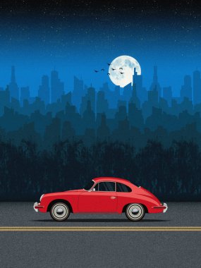 Dolunayın altında boş bir yolda park edilmiş kırmızı bir Porsche 356 model siluet. Gece vakti geçmişe dönük sanat.