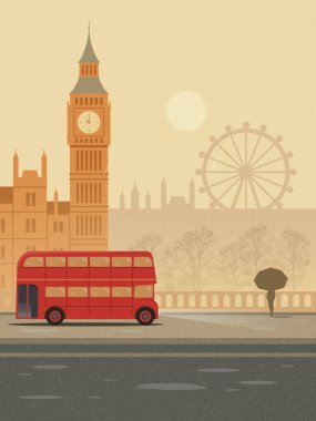 Big Ben, the London Eye, kırmızı çift katlı bir otobüs ve şemsiyeli bir kişinin yer aldığı düz stil dijital bir çizim. Sönük renk paleti ve tanecikli efekt şehirde klasik yağmurlu bir günü anımsatıyor.