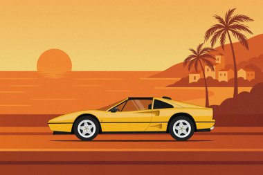 Günbatımında sarı bir Ferrari GTS 'nin klasik dijital çizimi. Araba, arka planda Akdeniz ve evleri olan Amalfi Sahili 'ne karşı kurulmuş. Bu da geriye dönük ve romantik bir seyahat ortamı yaratıyor..