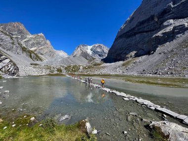 Alpine Tranquility: Glacier Lake Panorama in Vanoise National Park, Hautes Alps, Lac des vaches, France clipart
