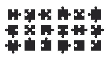 Beyaz arka planda izole edilmiş siyah yapboz parçaları. Oyun tasarımı için boş şablonlar, iş kavramları. Vektör illüstrasyonu.