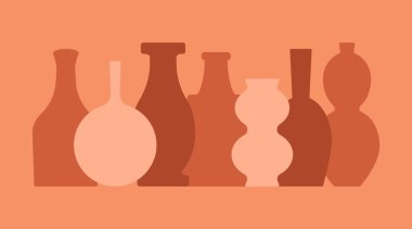 Boho ceramic vases. Colored vase amphora jar silhouette shapes, minimal pottery concept for posters. Vector flat illustration.