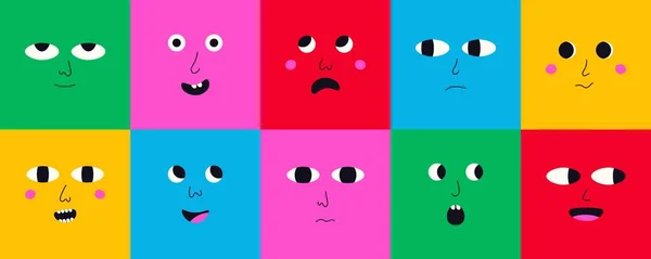 Gente Divertida Enfrenta Emoción Expresión Humor Colorido Juego Personajes Garabatos — Archivo Imágenes Vectoriales
