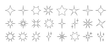 Geometrik doğrusal yıldızlar. Soyut ışıltı şekilli elementler vahşice simgeler, basit minimalist formlar. Vektör seti.