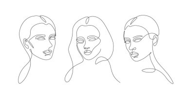Tek sıra kadın yüzü. Modern sanat minimalist kız portreleri, poster baskısı için güzellik moda konsepti. Vektör illüstrasyonu.