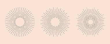 Işık ışınları günbatımı. Doğrusal yuvarlak çerçeveler klasik hipster tarzı, modern tasarım elementleri. Vektör en az illüstrasyon.