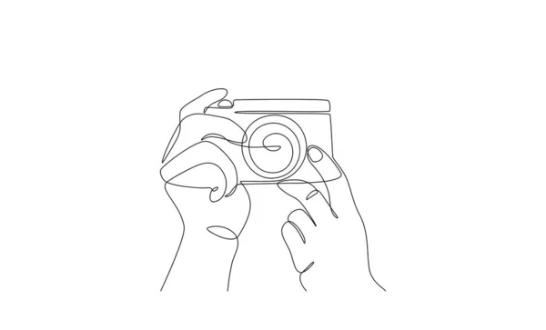 Fotoaparát Jednou Čárou Ruce Držící Fotoaparát Pořizování Snímků Koncepce Fotografického — Stockový vektor