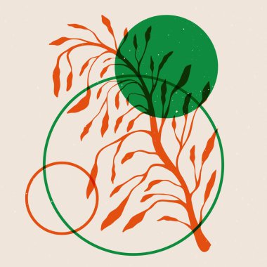 Tropik risograf çizimi. Soyut çiçek posteri, dal dairesi botanik element riso izi efekti. Modern vektör sanatı.