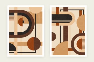 Minimum geometrik poster. Ev dekorasyonu için soyut kare şekiller, duvar sanatı modern estetik baskı yapar. Vektör seti.