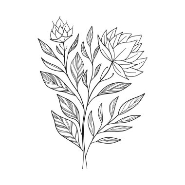 Botanical linear flower branch. Minimalist hand drawn floral element, fine line art leaves for tattoo sketch. Vector design. clipart