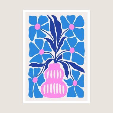 Soyut botanik posteri. Vazoya doğal el çizimleri, kumaş, baskı ve örtü için çiçek karalamaları. Vektör sanatı.
