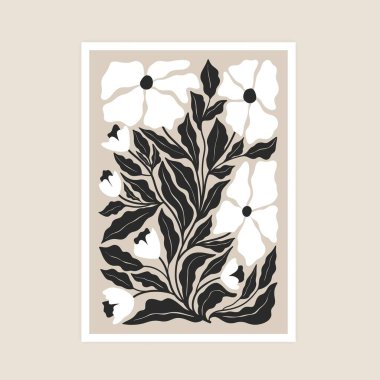 Soyut botanik posteri. Doğal el çizimi çiçek tasarımı çağdaş tarz, çiçekli organik karalama elementleri. Vektör sanatı.