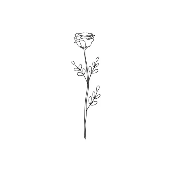 Minimalist linear rose flower. Small botanical leaves branch elements, fine line floral tattoo sketch, ink art. Vector design.