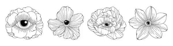 Minimalist doğrusal çiçekler. Tomurcuğun içinde gözü olan nonoş nergis çiçeği, doğal çiçek unsurları dövmesi çizimi. Vektör seti.